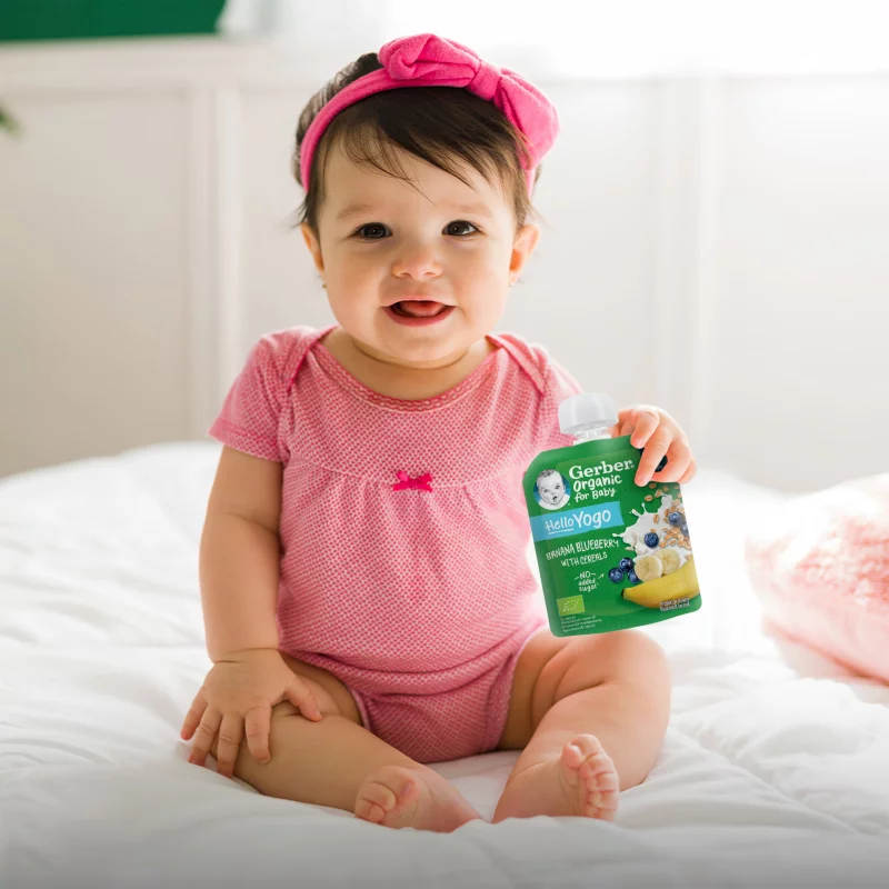 Gerber Organic for Baby Hello Yogo bio banán-áfonya gyümölcspüré gabonával 6 hónapos kortól 80 g