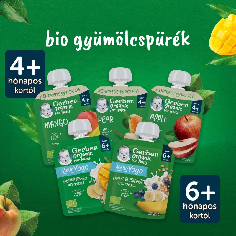 Gerber Organic for Baby Hello Yogo bio banán-áfonya gyümölcspüré gabonával 6 hónapos kortól 80 g