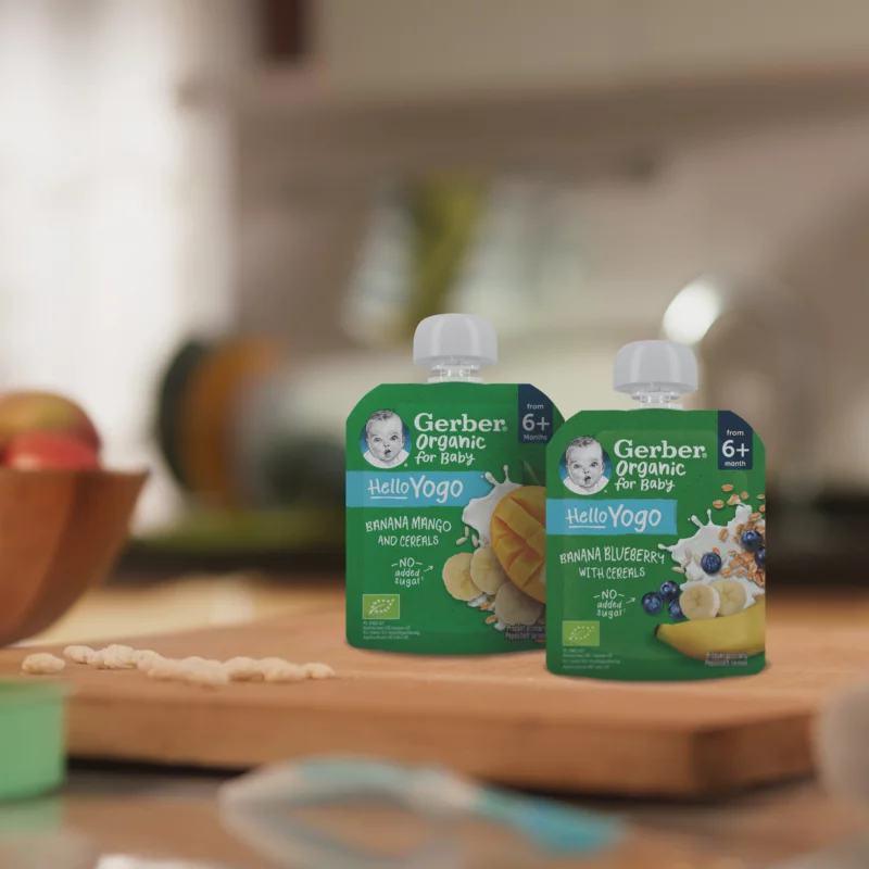 Gerber Organic for Baby Hello Yogo bio banán-áfonya gyümölcspüré gabonával 6 hónapos kortól 80 g