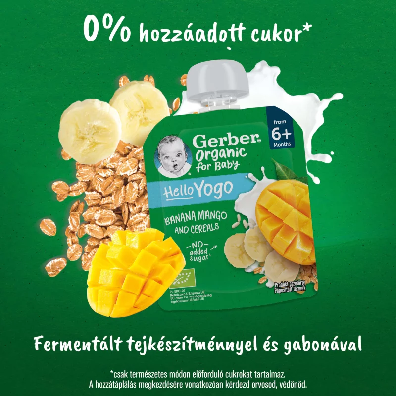 Gerber Organic for Baby Hello Yogo bio banán-mangó gyümölcspüré gabonával 6 hónapos kortól 80 g