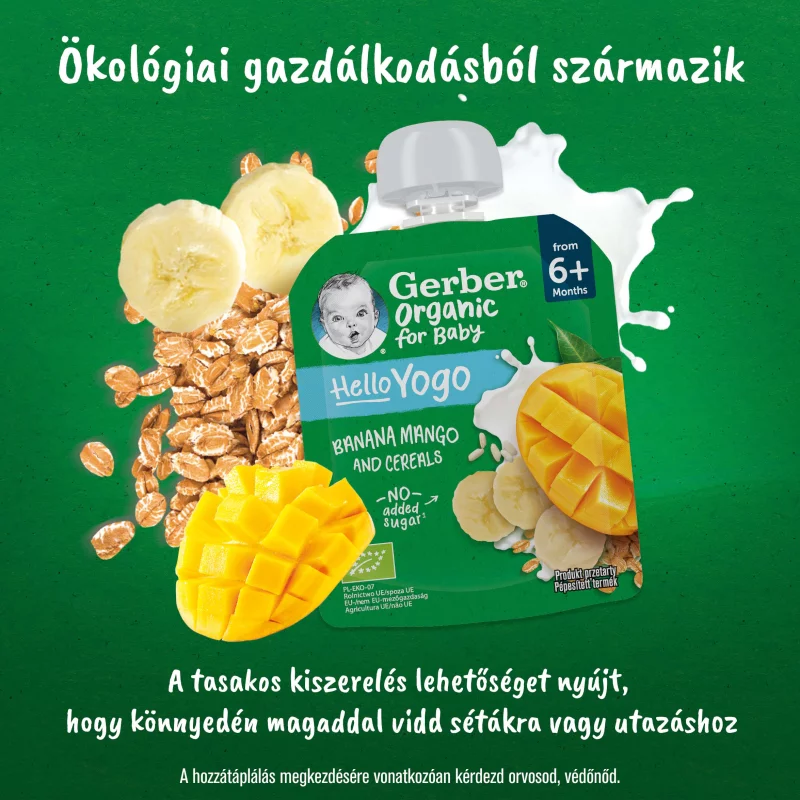 Gerber Organic for Baby Hello Yogo bio banán-mangó gyümölcspüré gabonával 6 hónapos kortól 80 g