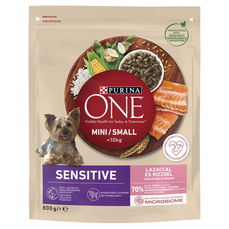 Purina One Mini Sensitive teljes értékű állateledel felnőtt kutyák számára lazaccal és rizzsel 800 g