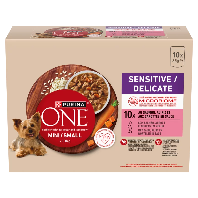 Purina One Mini Sensitive/Delicate lazaccal rizzsel nedves kutyaeledel 10 x 85 g (850 g)