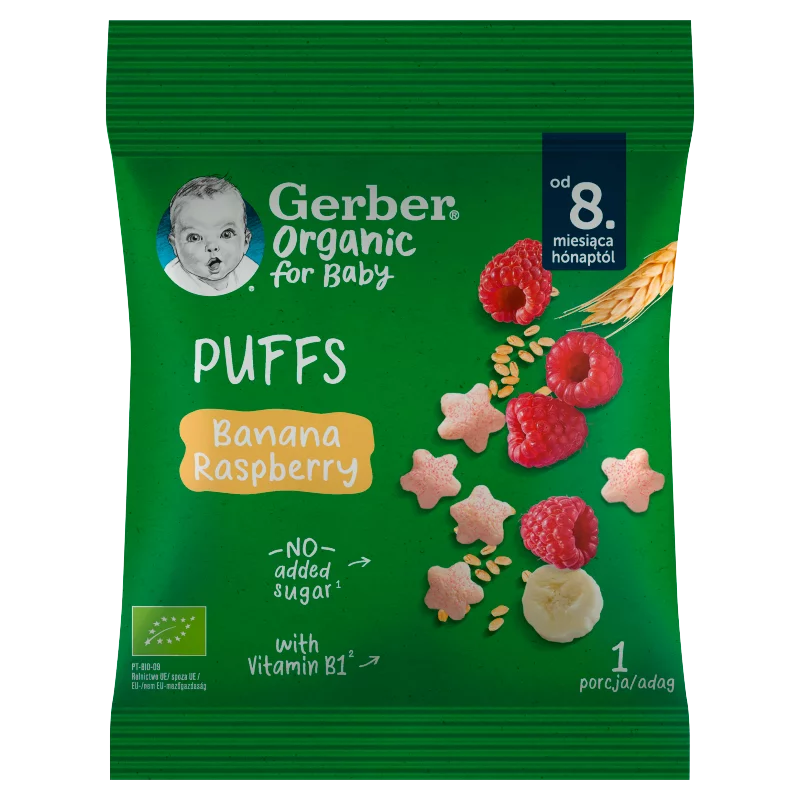 Gerber Organic banános és málnás bio gabonasnack 8 hónapos kortól 7 g