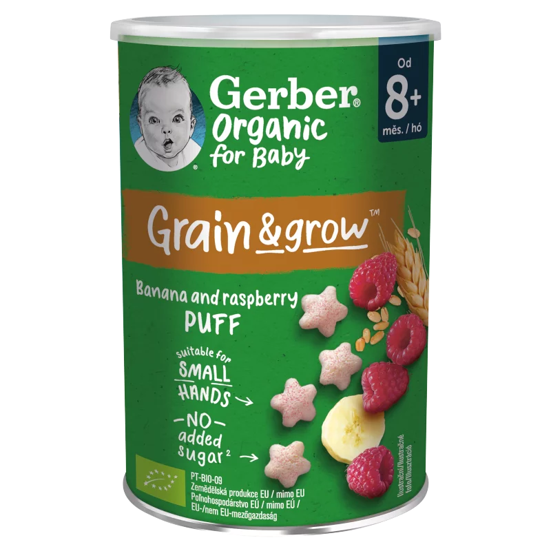 Gerber Organic banános és málnás bio gabonasnack 8 hónapos kortól 35 g