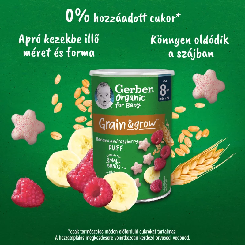 Gerber Organic banános és málnás bio gabonasnack 8 hónapos kortól 35 g