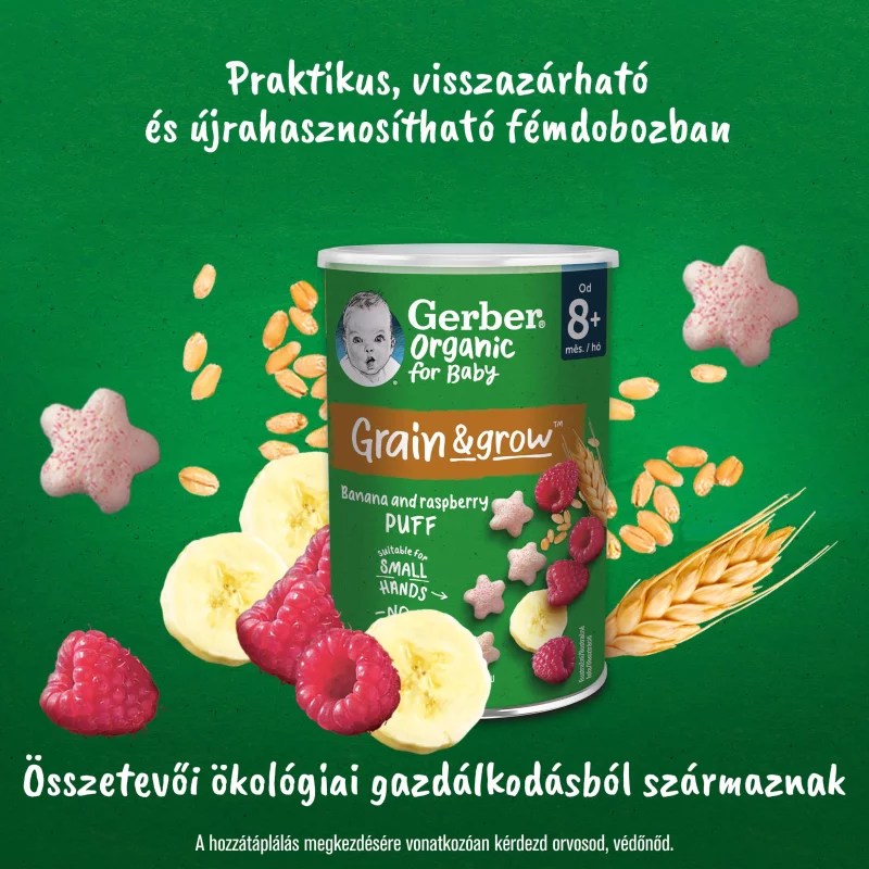 Gerber Organic banános és málnás bio gabonasnack 8 hónapos kortól 35 g