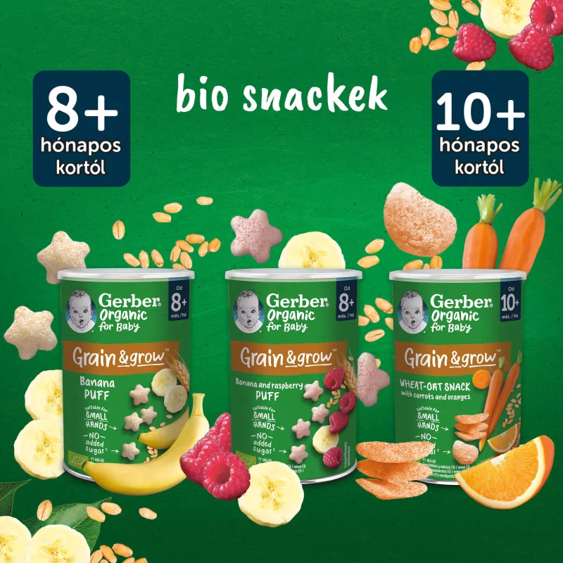 Gerber Organic banános és málnás bio gabonasnack 8 hónapos kortól 35 g