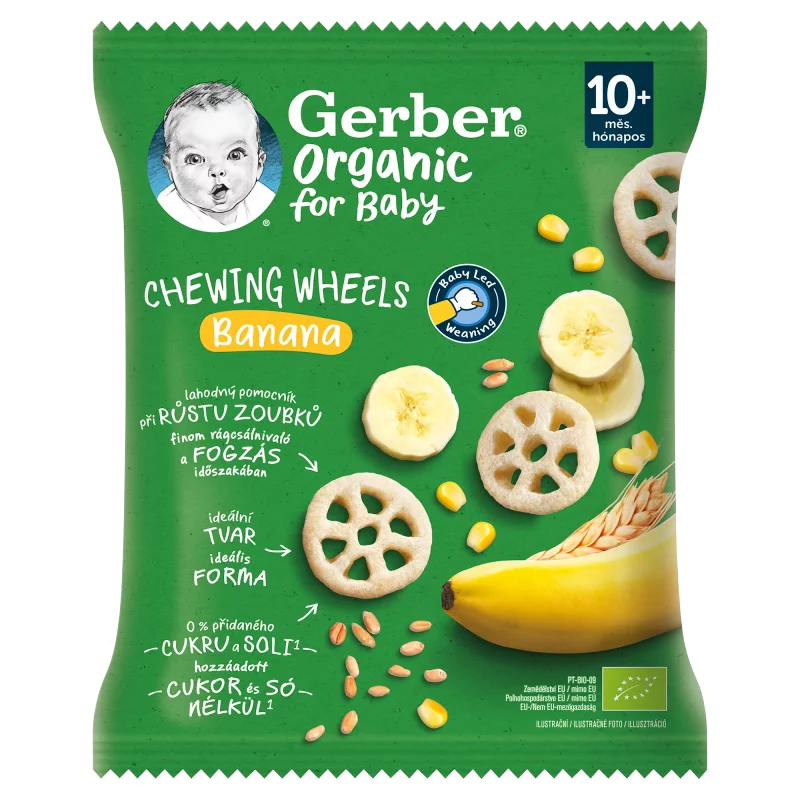 Gerber Chewing Wheels banános bio gabonasnack, 10 hónapos kortól 28 g 