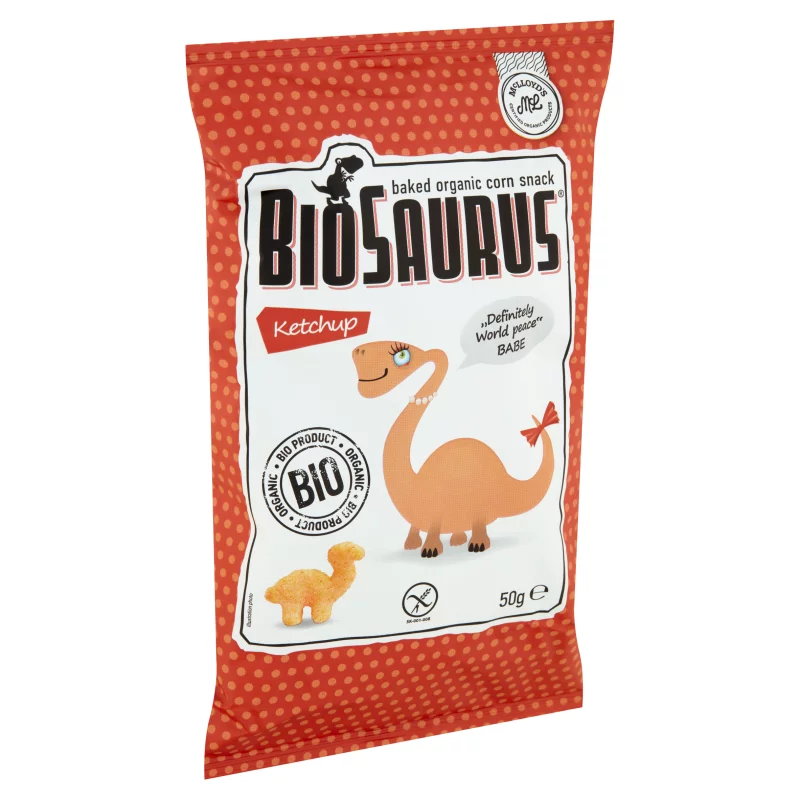 BioSaurus BIO ketchupos ízesítésű extrudált kukoricás snack 50 g