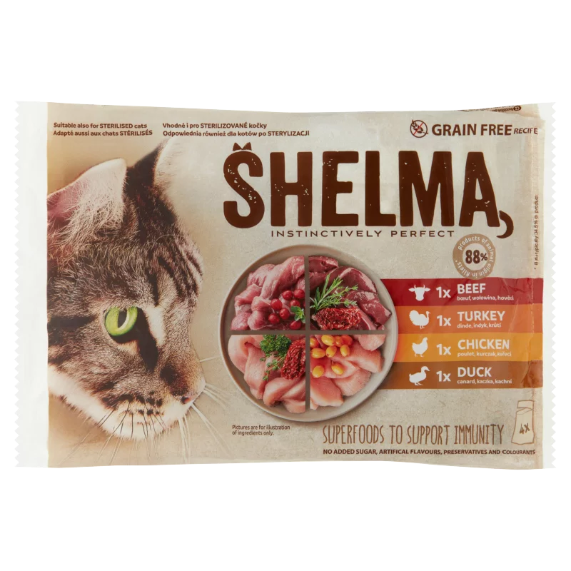 Shelma gabonamentes párolt filé teljes értékű állateledel felnőtt macskák számára 4 x 85 g