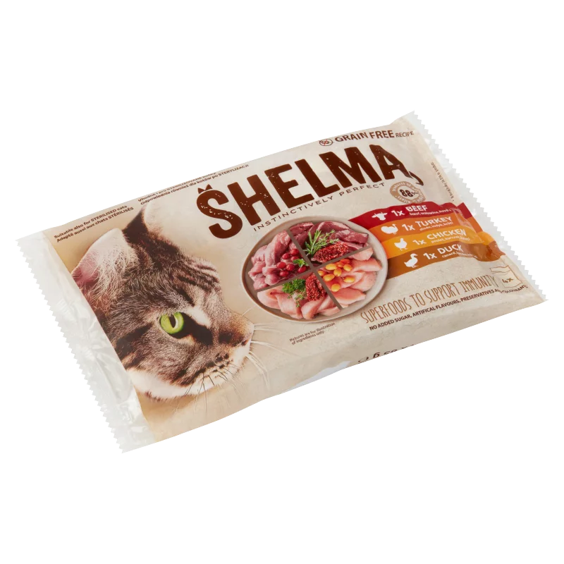 Shelma gabonamentes párolt filé teljes értékű állateledel felnőtt macskák számára 4 x 85 g