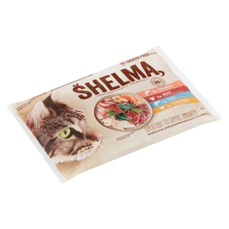 Shelma gabonamentes párolt filé teljes értékű állateledel felnőtt macskák számára 4 x 85 g
