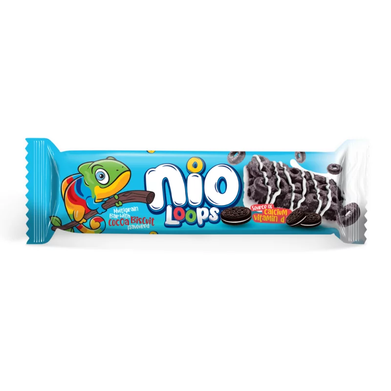 Nio gabonapehely-szelet 23g kakaós keksszel és fehér bevonóval Loops