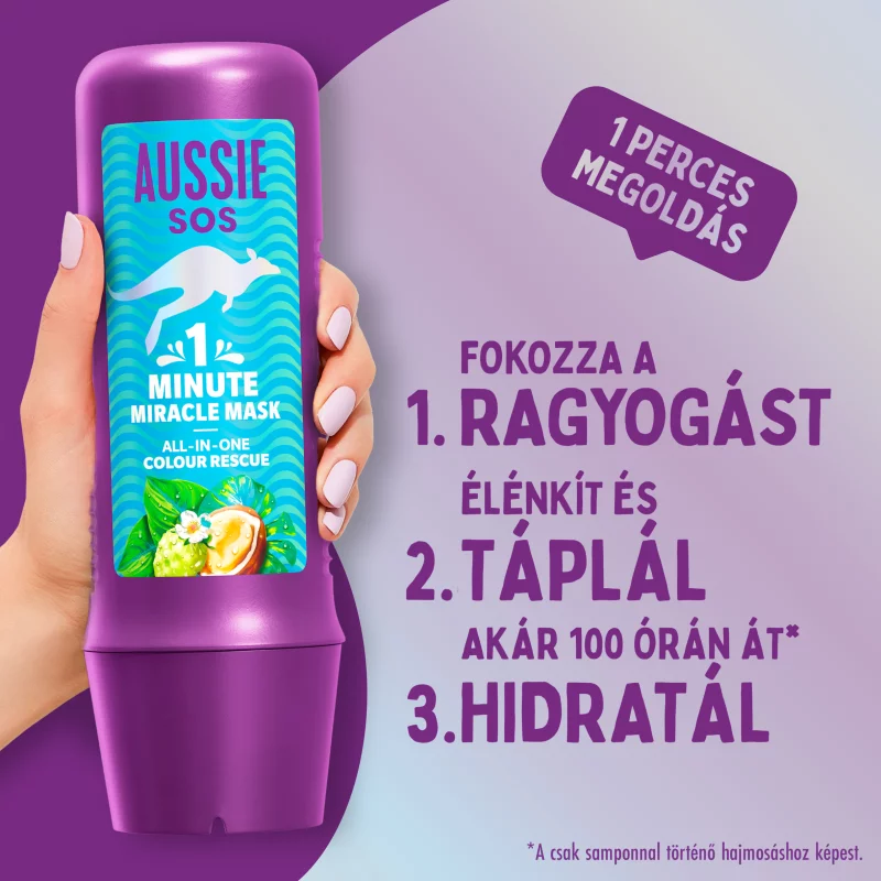 Aussie SOS 1 Minute Miracle Colour Mentő Pakolás 250ml Száraz, Festett Haj Táplálására