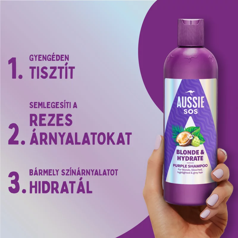 Aussie SOS Blonde & Hydrate Hamvasító Sampon 300ml Szőkített, Melírozott vagy Ősz Hajra