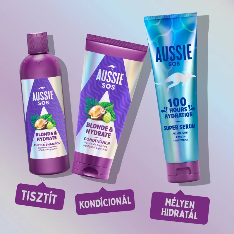 Aussie SOS Blonde & Hydrate Hamvasító Sampon 300ml Szőkített, Melírozott vagy Ősz Hajra