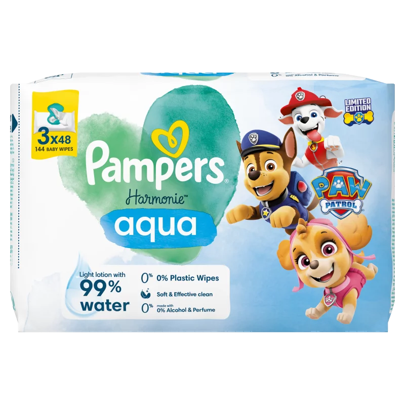Pampers Harmonie Aqua Nedves Törlőkendő, 3 Csomag = 144 db