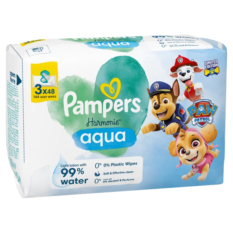 Pampers Harmonie Aqua Nedves Törlőkendő, 3 Csomag = 144 db