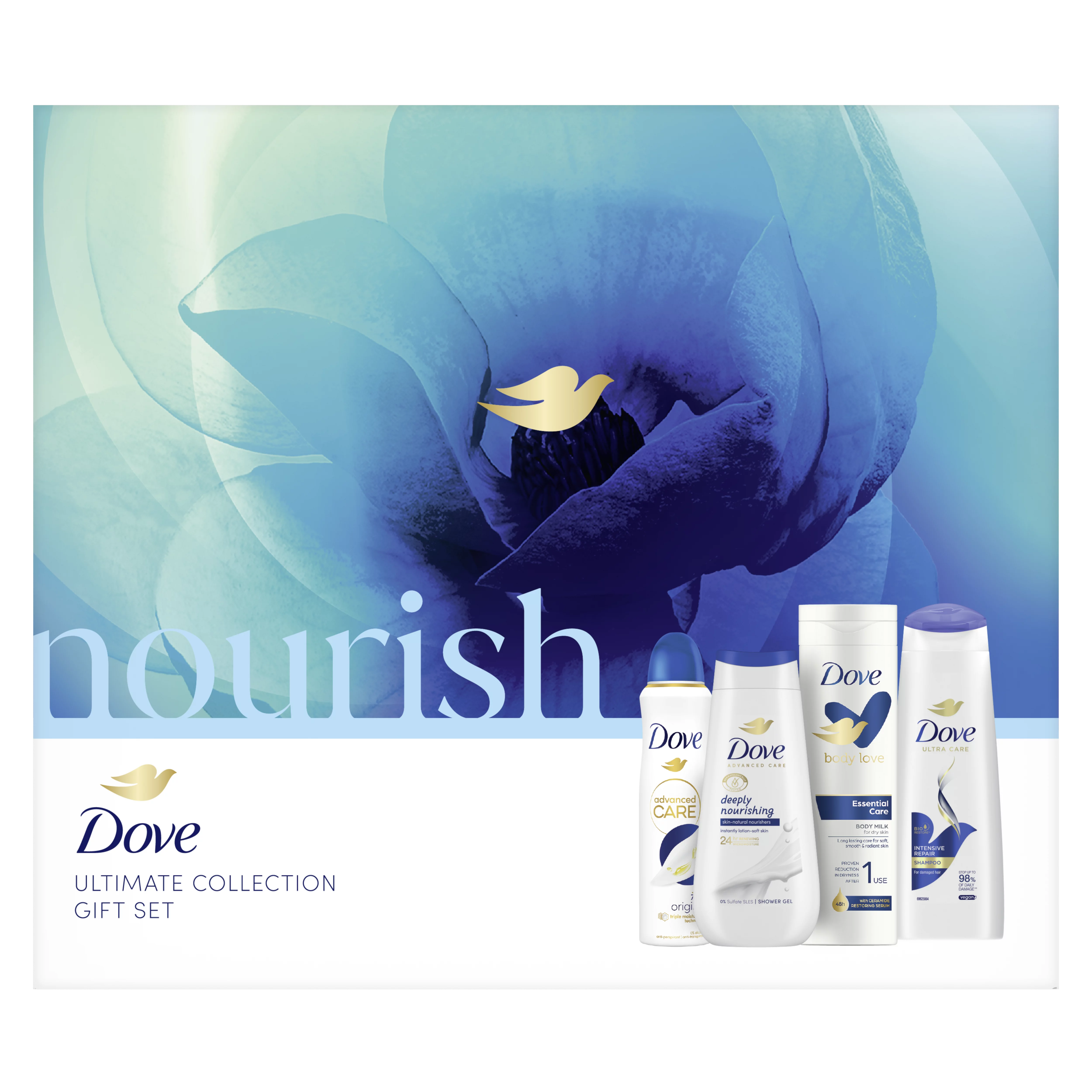 Dove ajándékcsomag Nourish extra tusfürdő 250ml + testápoló 250ml + deo150ml + sampon 250ml