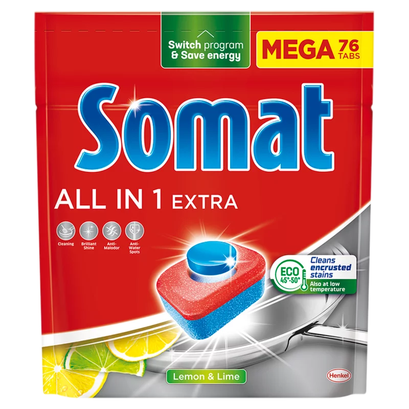 Somat All in 1 Extra Lemon & Lime gépi mosogatótabletta 76 db 1337,6 g