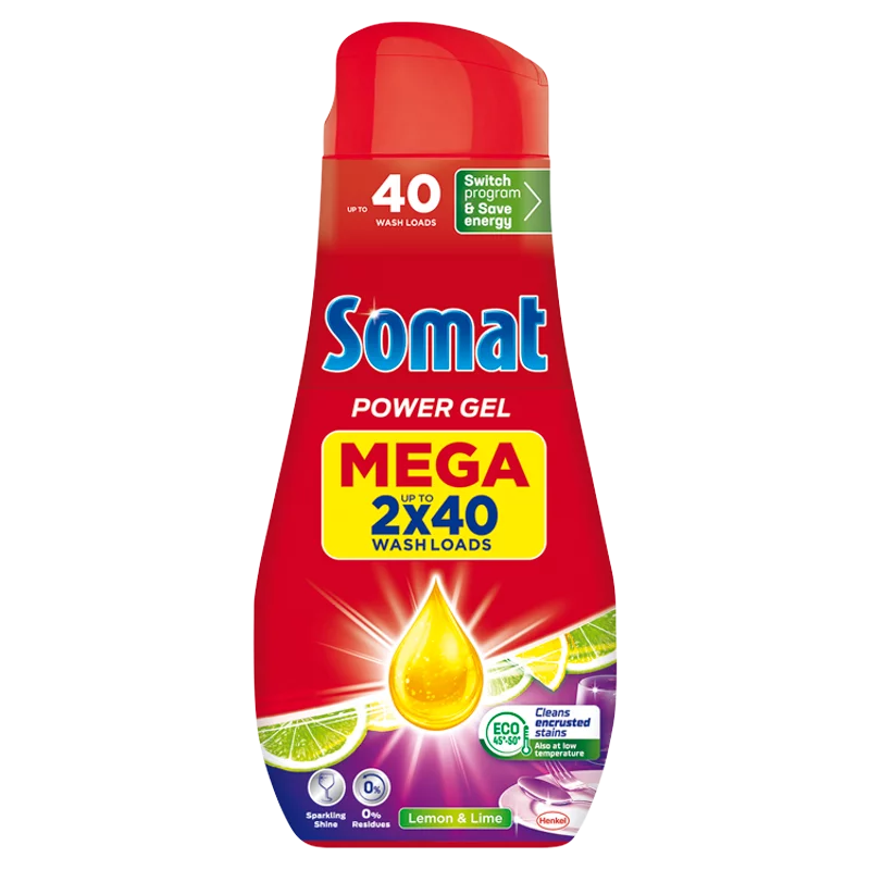 Somat All in 1 Power Gel Lemon & Lime gépi mosogatószer gél 80 mosogatás 2 x 720 ml