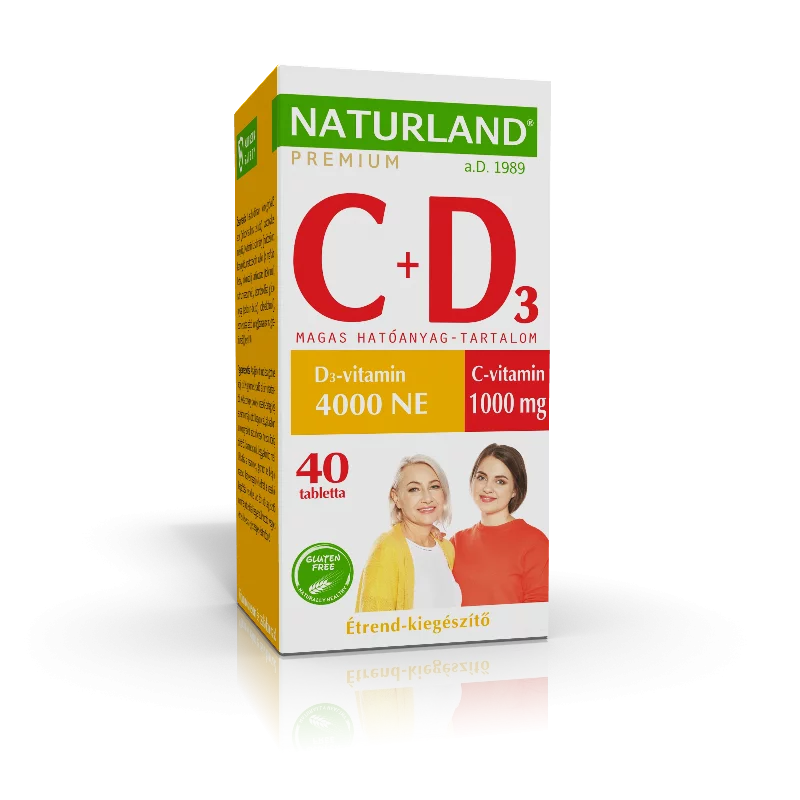 Naturland Premium C-vitamin 1000 mg + D3-vitamin 4000 NE étrend-kiegészítő tabletta 40 db 52 g