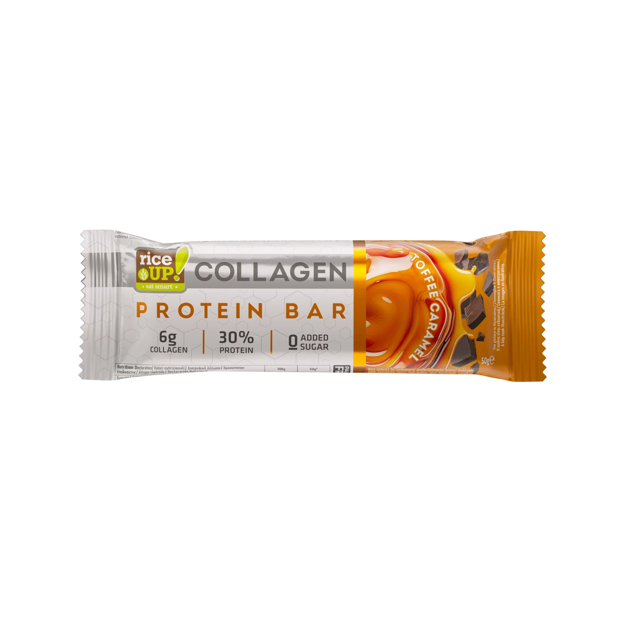 Rice up fehérjeszelet 50g Toffee Caramel ízű kollagénnel