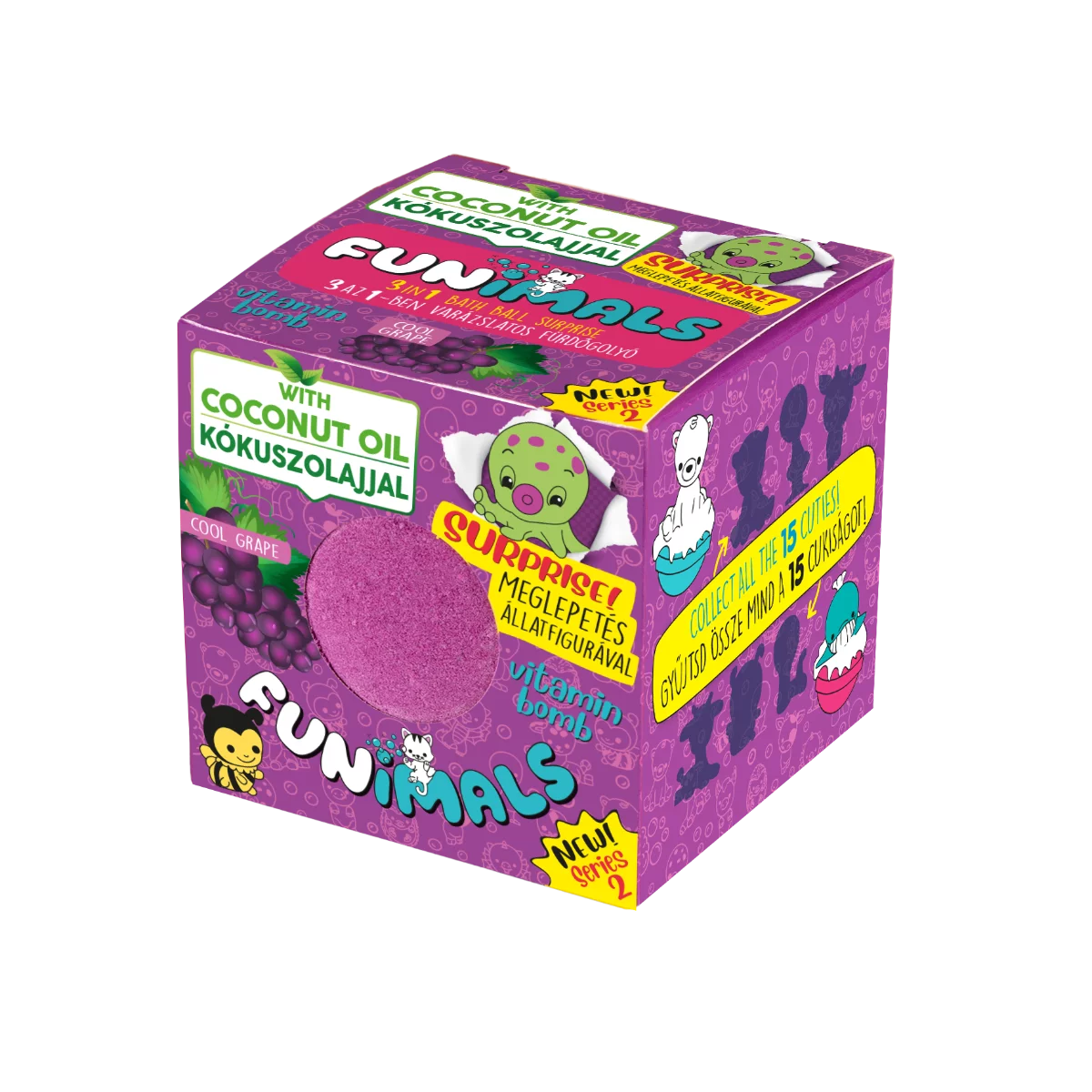 FUNIMALS Fürdőgolyó VITAMIN BOMB - Szőlő illattal és meglepetés figurával
